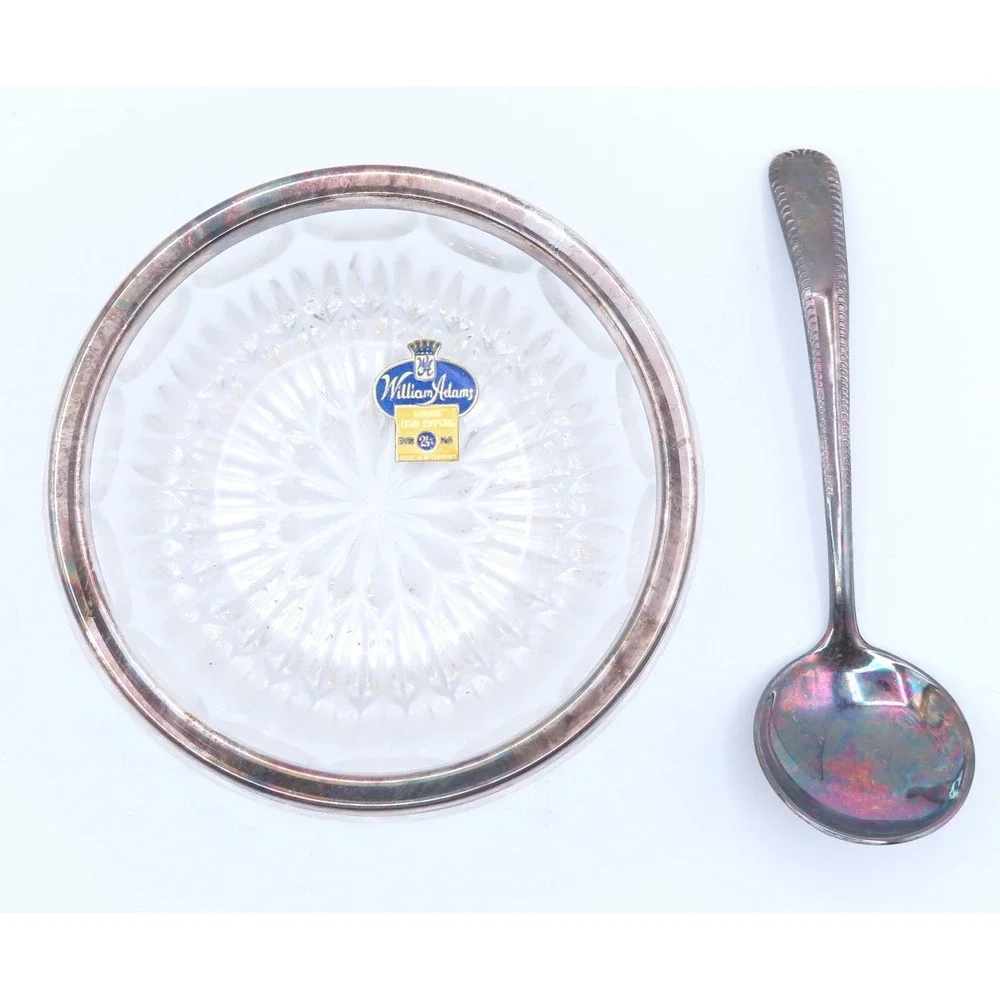 William Adams Lead Crystal Jam Bowl Silver Plated Rim and Spoon West Germany MCM